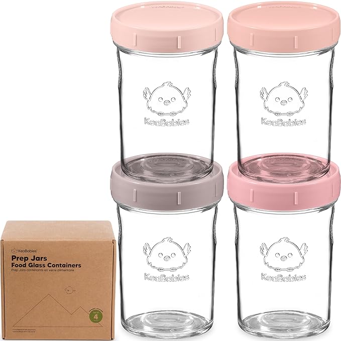 KeaBabies 4pk 8oz Glass Baby Food Containers with Lids - Leak-Proof, Microwavable Small Glass Jars, Baby Purees & Toddler Snack Storage Containers, BPA-Free, Dishwasher & Freezer Safe (Roseate)-BubblyBeeBaby