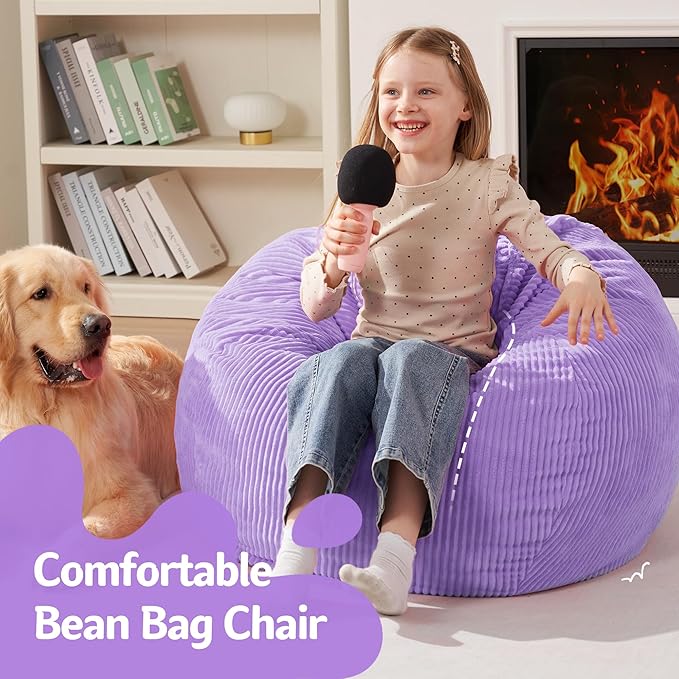 Homguava 2FT Bean Bag Chair,Teardrop Bean Bags Small Beanbag Chair with Memory Foam Filled and Ultra Soft Corduroy Cover for Living Room, Bedroom (Small,Purple)-BubblyBeeBaby