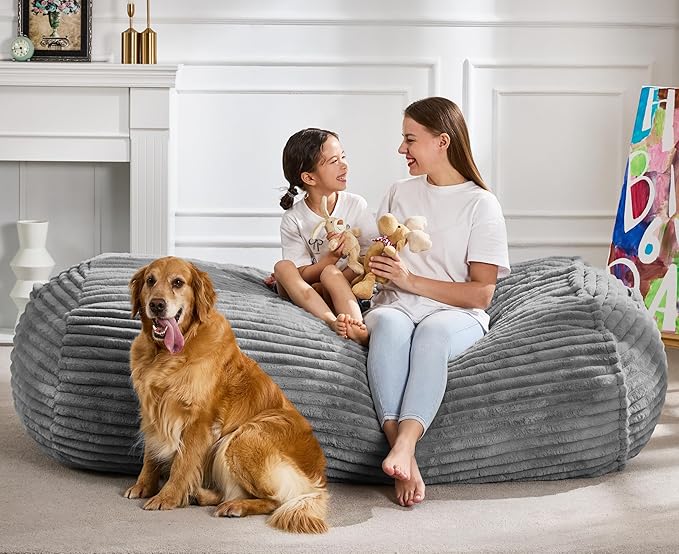 Hobestluk 5FT Bean Bag Chairs Adult Bean Bag with Portable Handle Comfy Large Bean Bag Lounge Chair with Removable Cover for Living Room Bedroom (Stripe Grey, 5FT)-BubblyBeeBaby