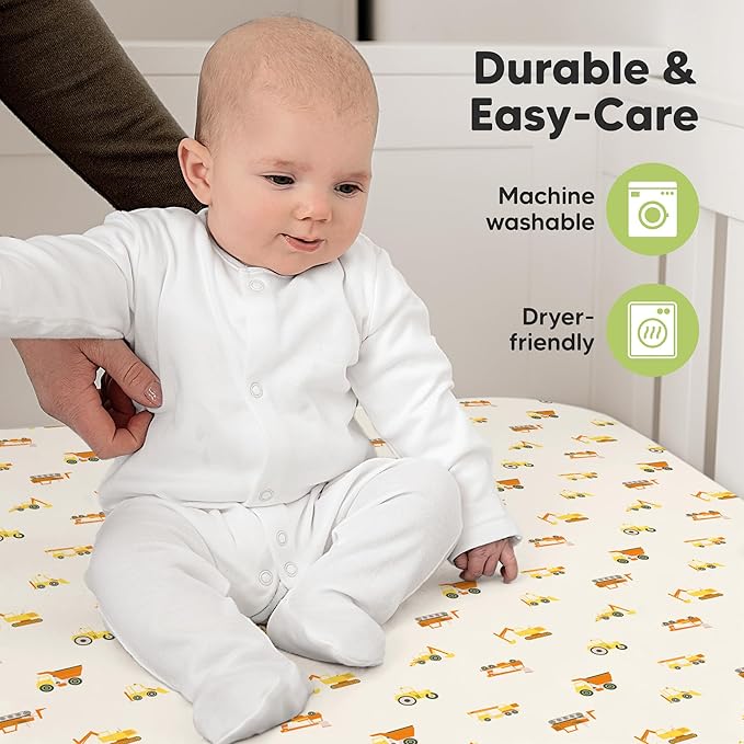 KeaBabies 2-Pack Organic Crib Sheets for Boys, Girls - 52x28 Fitted Crib Mattress Sheet Neutral, Breathable Jersey Cotton Cover for Baby Bed, Toddler Mattress, Soft & Cute Prints (Construction)-BubblyBeeBaby