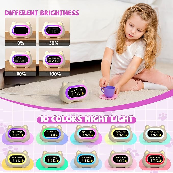 Honesorn Alarm Clock for Kids, Ok to Wake Clock for Kids, Cute Cat Kids Alarm Clock for Girls Boys Toddler, Kids Clock with 10 Night Lights, 7 Soothing Sounds, Auto-Off Timer, Child Lock, Cream White-BubblyBeeBaby