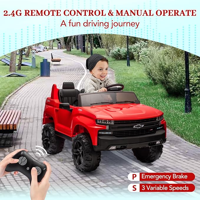 Hetoy 24V 2-Seater Truck Licensed Chevrolet Silverado Ride On Car Toy w/Parent Remote Control,4xSpring Suspension, 3 Speeds, Wireless Music, MP3 Player, Electric Vehicle Car for Kids, Red-BubblyBeeBaby