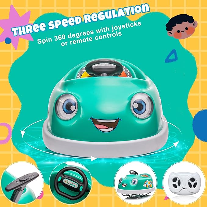 12V Dual Battery Electric Ride on Kids Bumper Car w/Remote Control,360 Degree Spin,Push Rod Rocker Horse Function,3-Speeds Babies & Toddlers Bumping Car Ride on Toy Gift for 1-4 Years Children（Green）-BubblyBeeBaby