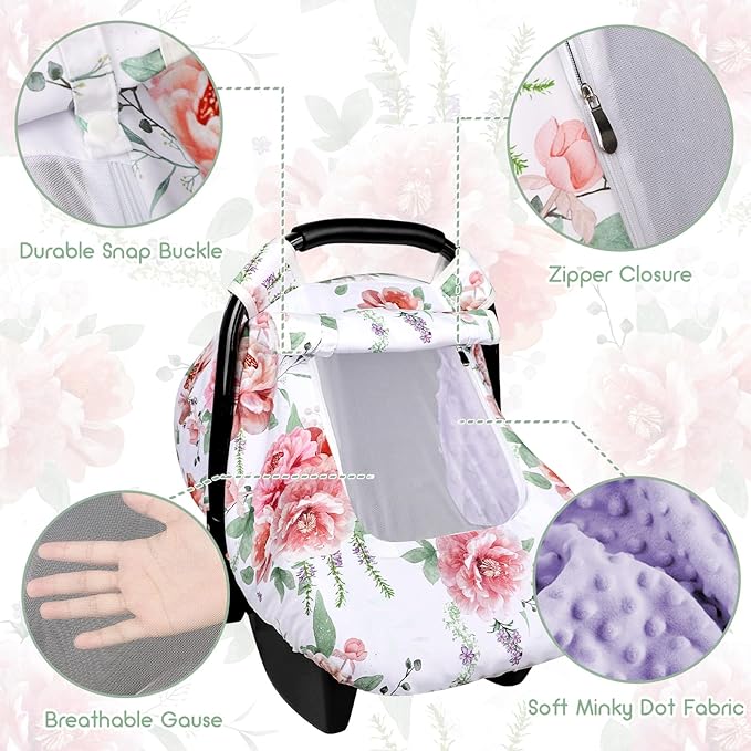 Baby Carseat Cover Girls, Pea Pod Floral Infant Car Seat Covers Canopy for Newborn with 2 Layers Windows of Breathable Mesh/Fabric, Lightweight Polyester/Minky Dot Backing, Snug Fit Most Baby Car Seat-BubblyBeeBaby