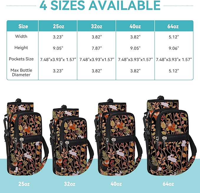 25/32/40/64oz Water Bottle Bag Holder Carrier-Insulated Crossbody Sling Case Sleeve with Strap & Pockets for Men Women Gym Cycling Travel Walking Hiking Camping-BubblyBeeBaby