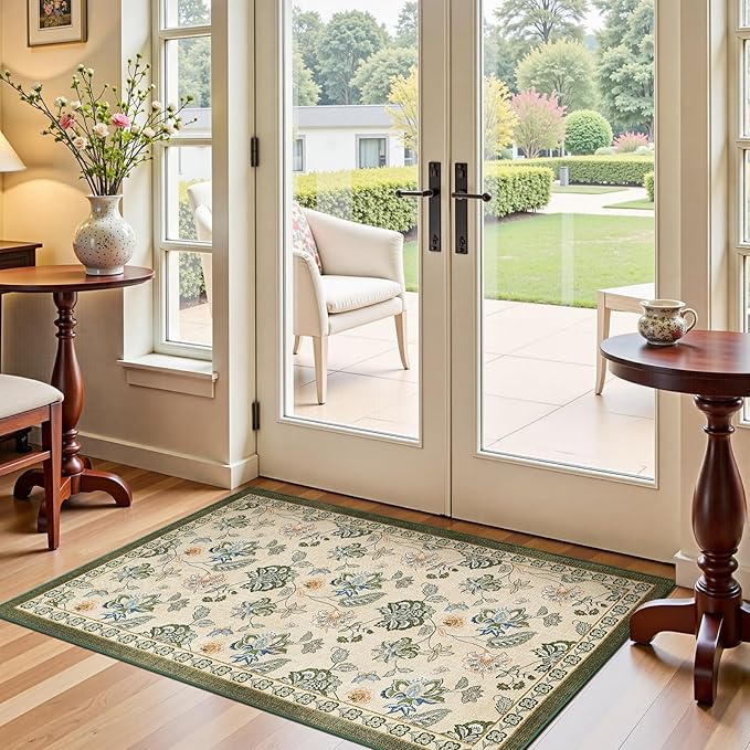 jinchan 3x5 Floral Rug for Entryway Washable Kitchen Rug Vintage Romance Design Small Mat Non Slip Indoor Doormat Lightweight Low-Profile Throw Carpet for Entrance Bathroom Laundry Room, Green/Beige-BubblyBeeBaby