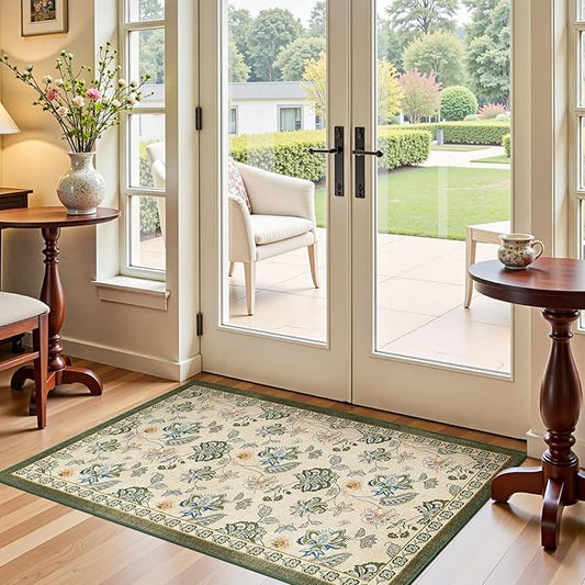 jinchan 3x5 Floral Rug for Entryway Washable Kitchen Rug Vintage Romance Design Small Mat Non Slip Indoor Doormat Lightweight Low-Profile Throw Carpet for Entrance Bathroom Laundry Room, Green/Beige-BubblyBeeBaby