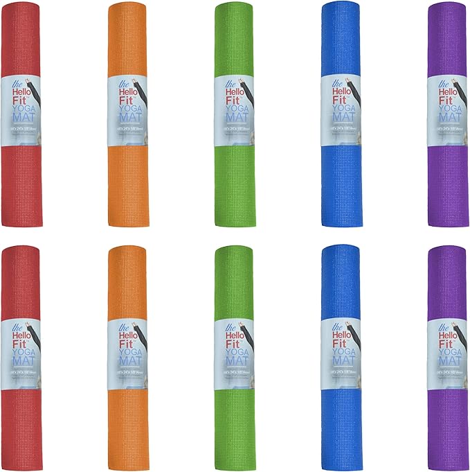 Hello Fit 10-Pack Yoga Mat, 68" x 24" Non Slip Exercise Mat, 4mm Thick Gym Mat for Fitness and Stretching, Bulk Non Toxic Yoga Mats for Schools and Studios-BubblyBeeBaby
