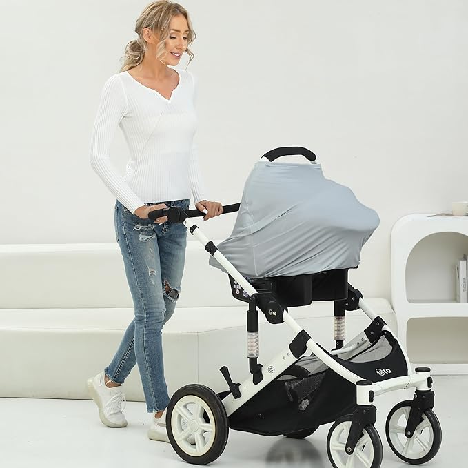 Breathable Car Seat Cover for Babies – Multi-Purpose Soft Rayon Nursing Cover for Breastfeeding, High Stretchy Infant Carseat Canopy, Stroller Cover (Smooth Rayon, Light Grey)-BubblyBeeBaby