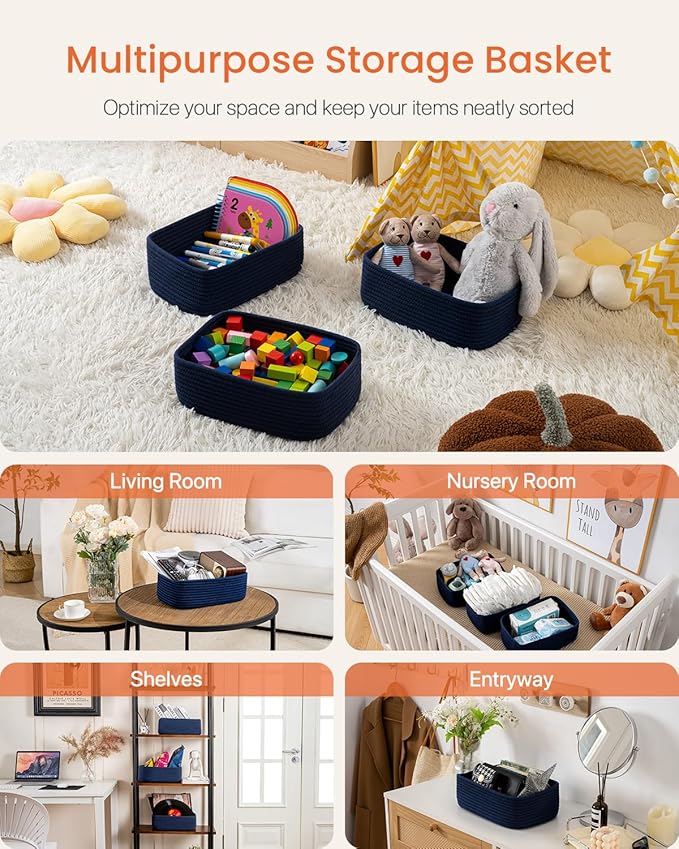 KALLAX Small Woven Basket, 12 x 8 x 4.5 Inches, Storage Basket for Organizing, Cute Small Rope Shelf Closet Cube Storage Bins Baskets for Shelves, Dog Toy Gift Baskets Empty, 3 Packs, Navy Blue-BubblyBeeBaby