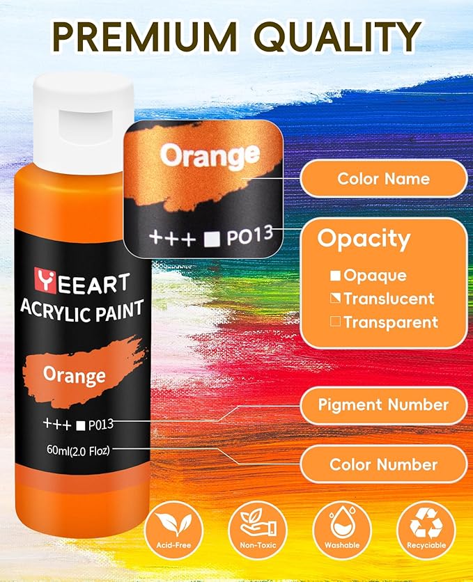 24 Colors Acrylic Paint Set, 2oz Bottles Classic Color, Rich Pigmented Canvas Paint Set, Premium Non-toxic Acrylic Paint for Artists, Kids & Adults, Art Supplies for Canvas Painting Rocks Wood Ceramic Model with 10 Brushes & Palette-BubblyBeeBaby