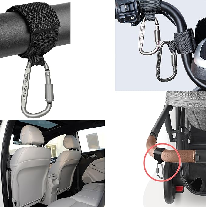 Baby Stroller Hook, Carry 30 lbs per Stroller Carabiner Clip, Adjustable Baby Stroller & Car Seat Hook for Hanging Diaper Bag, Wheelchair,Golf cart, Shopping and Pet Cart(2 Pcs Silver)-BubblyBeeBaby
