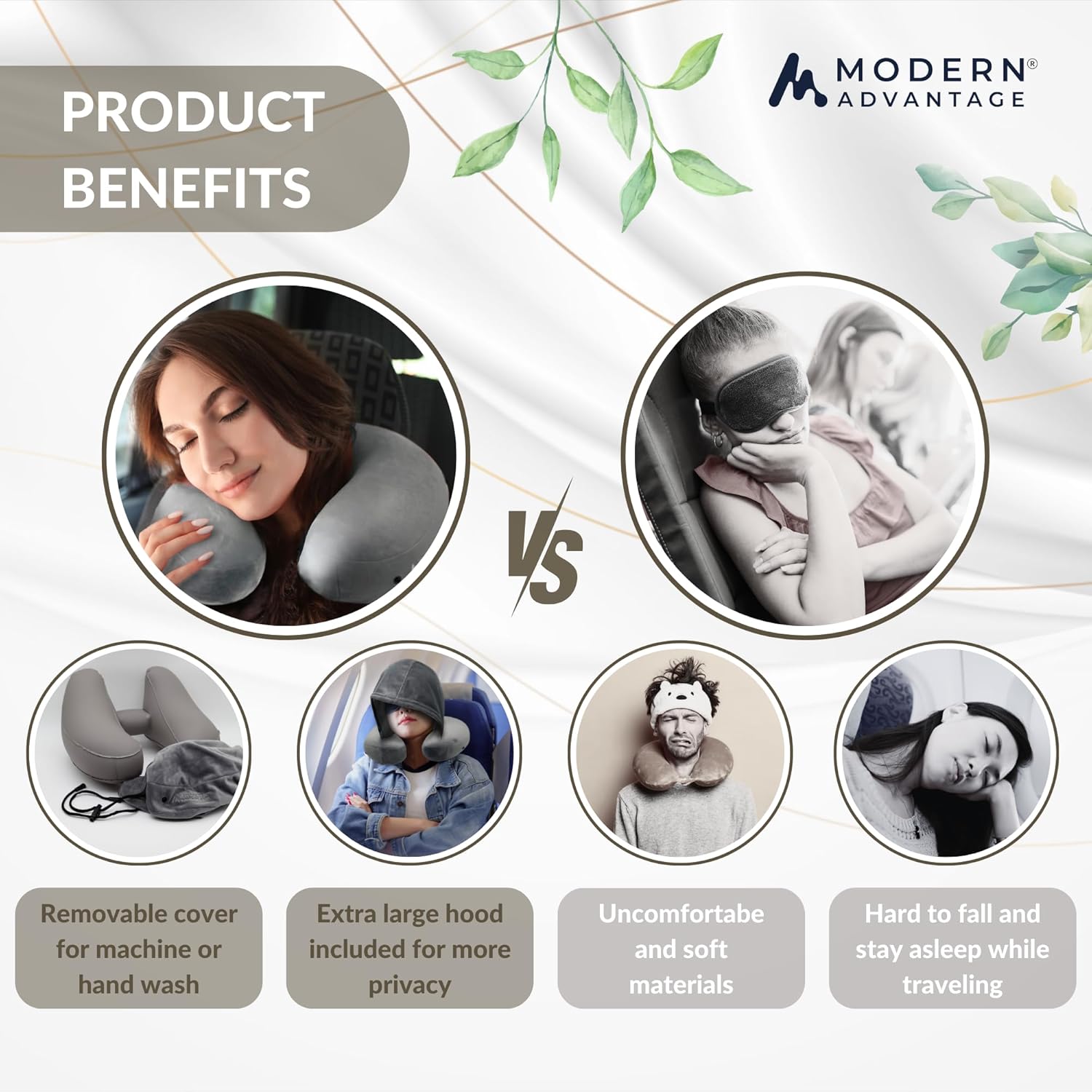 Modern Advantage Inflatable Travel Pillow for Airplanes – Hooded Neck Pillow with Adjustable Support – Comfortable, Compact & Travel-Friendly – Perfect for Sleeping on Long Flights (Grey)