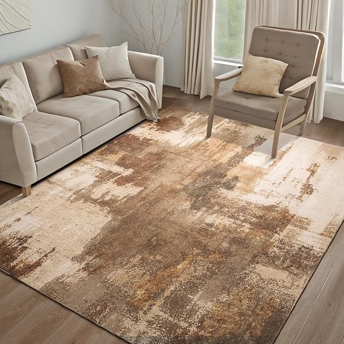 Kelarea Living Room Rug, 4x6 Rug Modern Abstract Washable Rugs Brown Foldable Faux Wool Vintage Carpets, Non Slip Rug for Bedroom, Dining Room, College Dorm, Kids Playroom, Home Office-BubblyBeeBaby