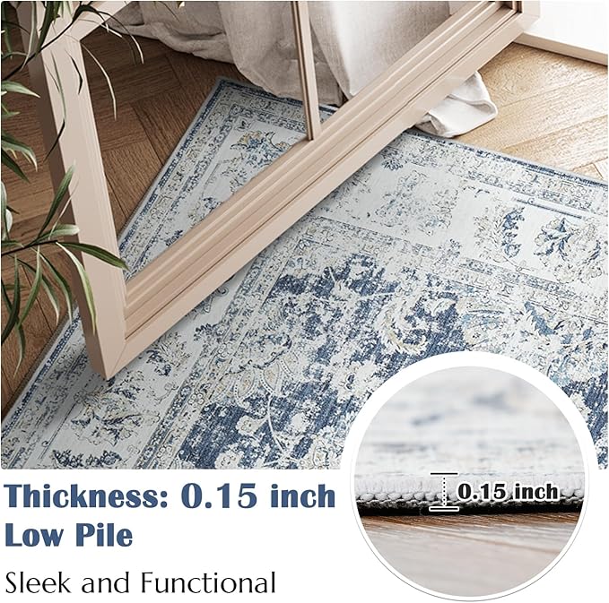 jinchan Runner Rug 3x8-2pcs Kitchen Washable Vintage Hallway Rug Floral Print Floor Cover Indoor Thin Retro Mat Accent for Bathroom Laundry Room Bedroom Office Farmhouse (Double,Dark Blue)-BubblyBeeBaby