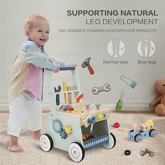 2-in-1 Baby Push Walker - Wooden Push Walker and Tool Toy for Babies - Toddler Learning Activity Walker for Girls Boys 1-3 Years - Educational and Sturdy Construction-BubblyBeeBaby