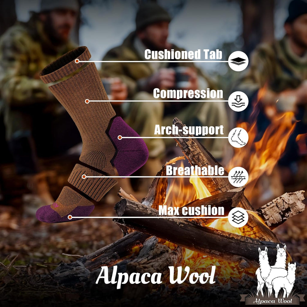 Alpaca Wool Hunting Socks 2 pairs for Men Women, Thermal Warm Compression Thick Winter Cushioned Hiking Boot Moisture Wicking