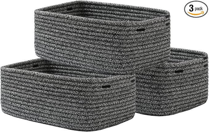 KALLAX Small Woven Basket, 13.5 x 9.5 x 5 Inches, Storage Basket for Organizing, Cute Small Rope Shelf Closet Cube Storage Bins Baskets for Shelves, Dog Toy Gift Baskets Empty, 3 Pack Mixed Black-BubblyBeeBaby