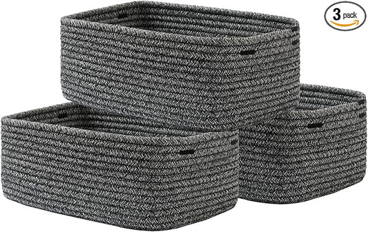 KALLAX Small Woven Basket, 13.5 x 9.5 x 5 Inches, Storage Basket for Organizing, Cute Small Rope Shelf Closet Cube Storage Bins Baskets for Shelves, Dog Toy Gift Baskets Empty, 3 Pack Mixed Black-BubblyBeeBaby