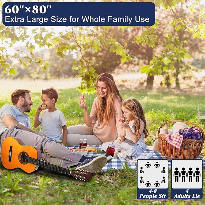 HX&OD Outdoor Picnic Blanket, Extra Large, 80''x60'' Waterproof Foldable Blankets Gingham Picnic Mat for Beach, Camping Grass Lawn Park Accessories Cute Couple Ideas Wedding (Blue, 80”x60”)-BubblyBeeBaby