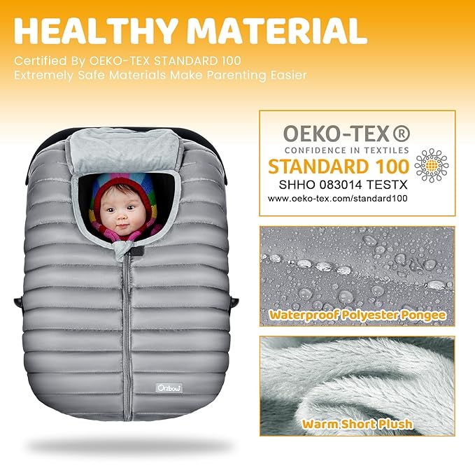 Orzbow Winter Car Seat Cover - Baby Car Seat Cocoon Cover for Boys & Girls, Warm Carseat Canopy Cover to Protect Baby from Wind, Rain & Snow, Waterproof, Universal Fit for Infant Car Seat, Light Grey-BubblyBeeBaby