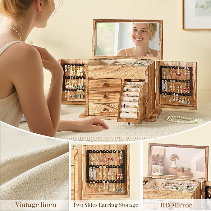 Jewelry Box Organizer, Solid Wood Jewelry Boxes fow Women with Mirror, Double Layer Jewelry Organizer Box Display Earring Necklace Bracelet Ring, Rustic Style Small Jewelry Box for Girls-BubblyBeeBaby