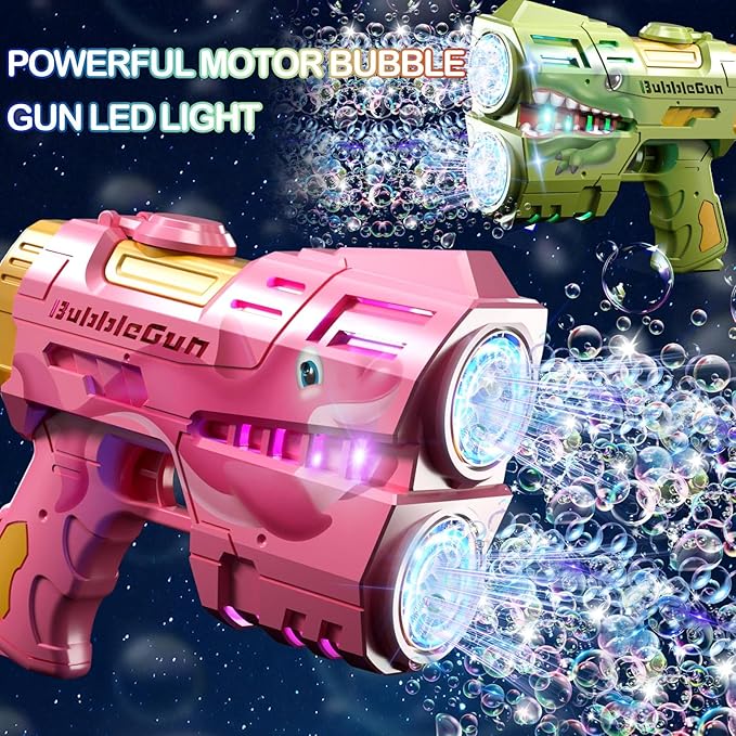 2 Pack Bubble Guns for Kids, Rechargeable LED Light Up Dinosaur Bubbles Machine Blower with 4 Bottles Refill Solution for Toddlers 4-8, Wedding Party Birthday Gift-BubblyBeeBaby
