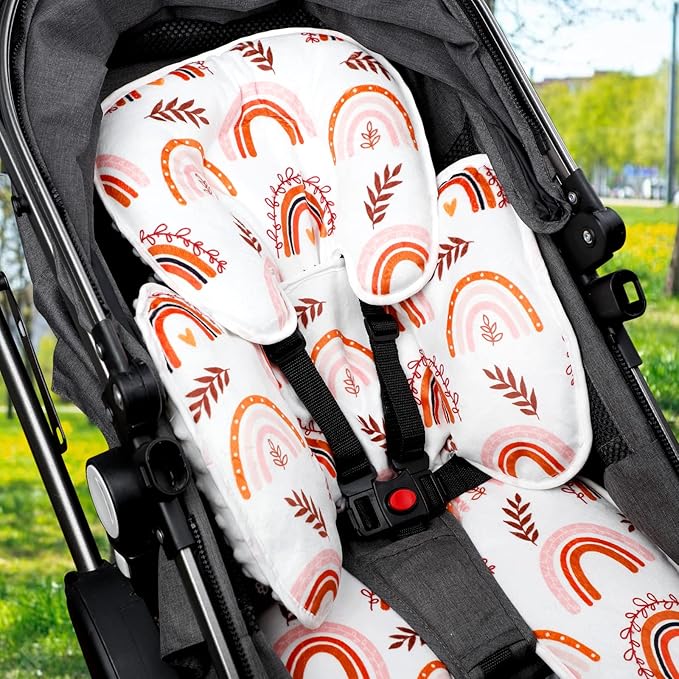 Pea Pod Baby Car Seat Head Support for Newborn, 2 in 1 Infant Car Seat Head Support for Boys Girls Extra Soft Breathable Baby Car Seat Cushion Insert for Strollers, Swings, and Bouncers, Boho Rainbow-BubblyBeeBaby