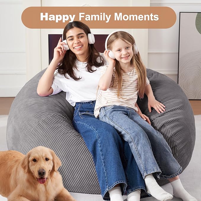 Homguava 3.5FT Bean Bag Chair: Teardrop Bean Bags with Memory Foam Filled, Compact Beanbag Chairs Soft Sofa with Corduroy Cover (Grey)-BubblyBeeBaby