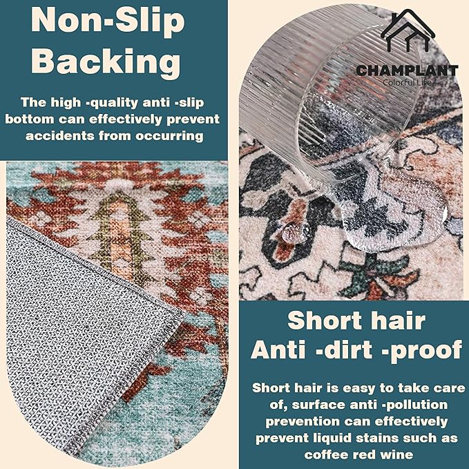 2'x3' Cyan Khaki Area Rug Washable Door Mat Vintage Distressed Doormat Indoor Entrance Traditional Thin Floral Print Non Slip Carpet for Kitchen Bathroom Bedroom Living Room-BubblyBeeBaby