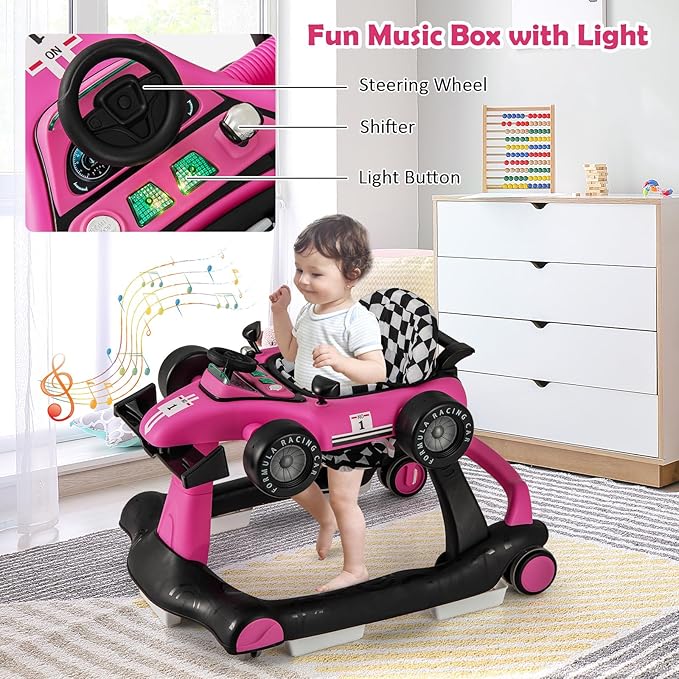 HONEY JOY 4-in-1 Baby Walker, Activity Push Walker w/3 Adjustable Heights, Smooth Wheels w/Adjustable Speed, Padded Seat, Music & Light, Foldable Car Walker for Baby Boys Girls Age 6 Months+ (Pink)-BubblyBeeBaby