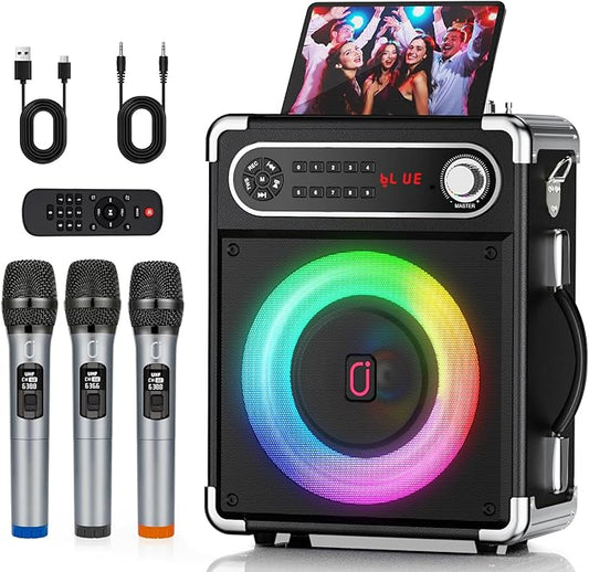 Karaoke Machine with 3 Wireless Microphones for Adults/Kids, Portable Bluetooth 5.3 Karaoke Speaker, Home Party Speaker with Disco Lights for Outdoor, PA System Supports TWS and TV connectivity-BubblyBeeBaby