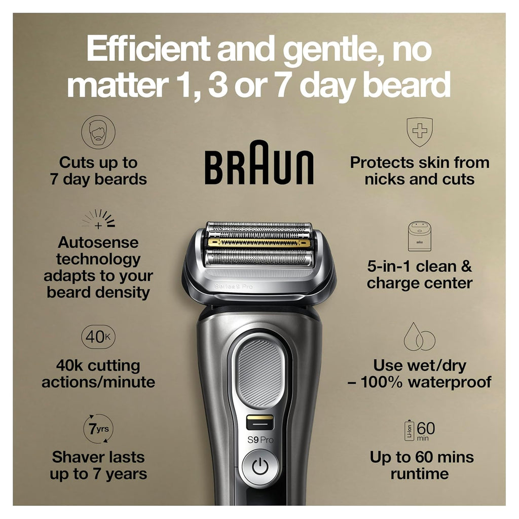 Braun Electric Razor for Men, Series 9 Pro 9465cc Wet & Dry Electric Foil Shaver with ProLift Beard Trimmer, Cleaning & Charging SmartCare Center, Head Shavers for Bald Men, Noble Metal
