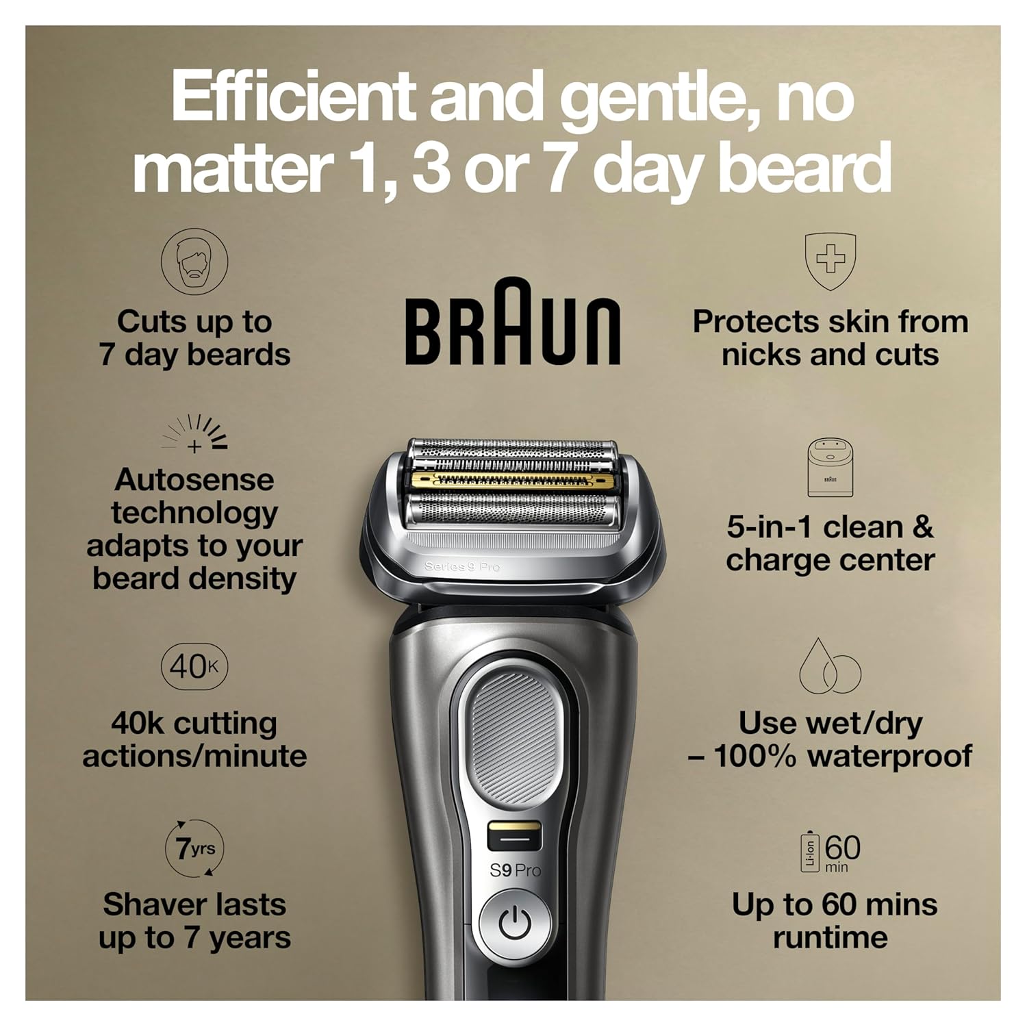 Braun Electric Razor for Men, Series 9 Pro 9465cc Wet & Dry Electric Foil Shaver with ProLift Beard Trimmer, Cleaning & Charging SmartCare Center, Head Shavers for Bald Men, Noble Metal