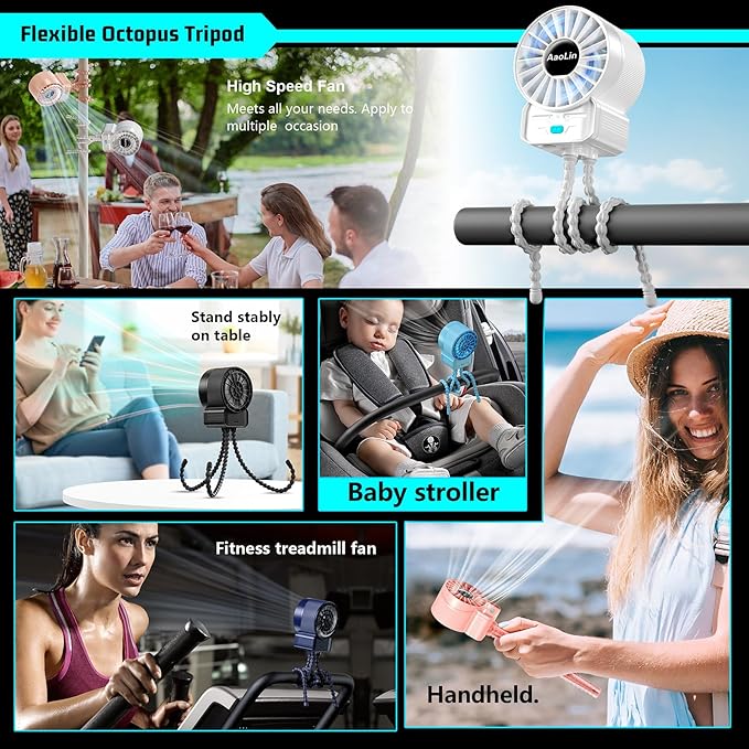 2 Pack Multifunctional Portable Stroller Fan 4 Speed 6600rpm High Speed Usb Rechargeable Personal Mini Handheld Fan Extended Tripod For Desktop Winding Kids Bed Treadmill Bike Golf Cart Outdoor Travel-BubblyBeeBaby