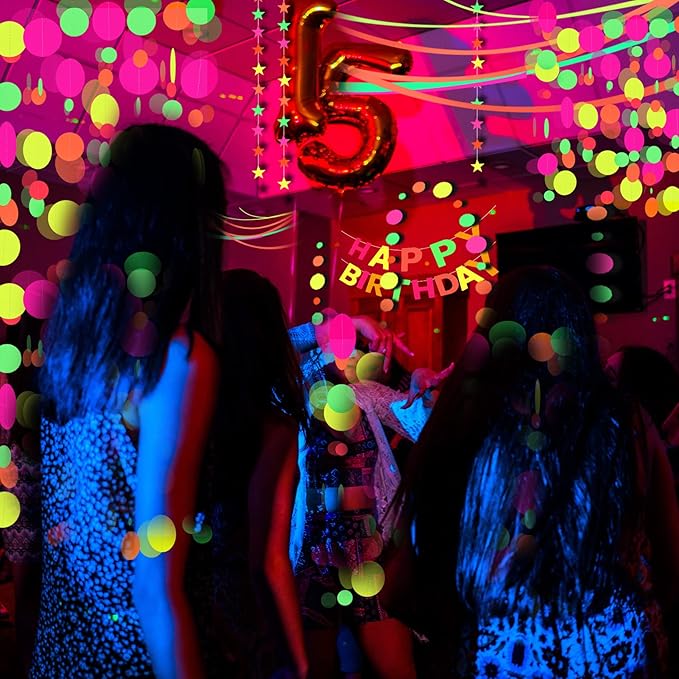108feet Paper UV Round Dot Neon Garland Blacklight Reactive Glow in The Dark Party Supplies Streamers Glow Fluorescent Hanging Circle Dots Banners for Wedding Birthday Neon Party Decorations-BubblyBeeBaby