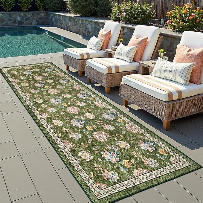 jinchan 3x10 Floral Runner Rug for Hallway Washable Kitchen Runner Vintage Romance Design Non Slip Thin Indoor Floor Cover Low-Profile Throw Carpet for Entryway Bathroom Bedroom Porch, Green-BubblyBeeBaby