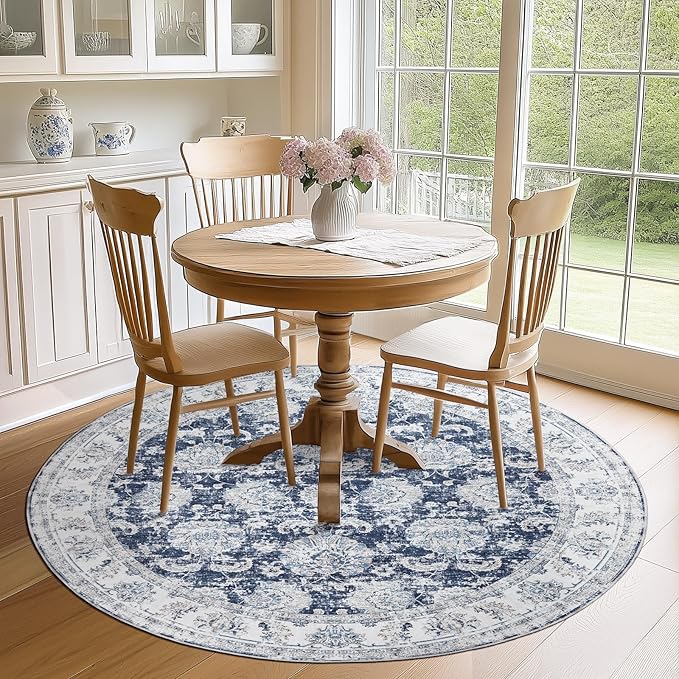 jinchan Round Rug 6ft Area Rugs Vintage Floral Distressed Design - Machine Washable Non-Slip Low-Pile Ultra-Thin Circle Rug for Entryway Bedside Living Room Dining Room Bedroom (6' Round,Dark Blue)-BubblyBeeBaby