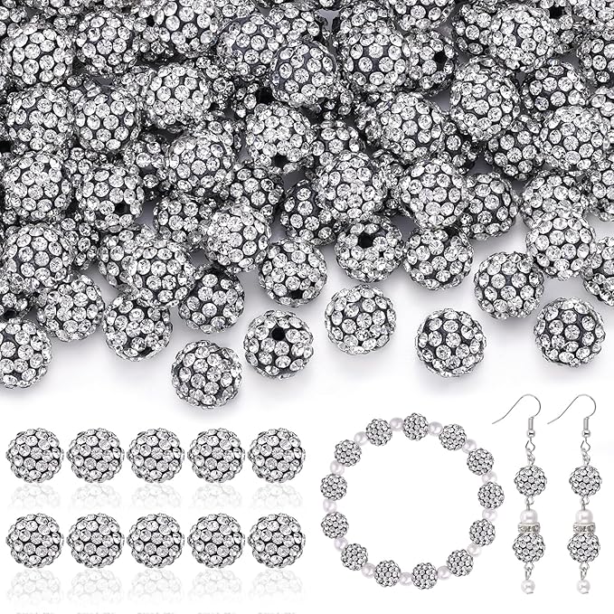 200pcs 10mm Rhinestone Beads for Jewelry Making, Black White Shiny Round Disco Ball Beads Bulk, Sparkle Crystal Clay Christmas for Bracelet Baseball Necklace Earring Crafting and DIY-BubblyBeeBaby