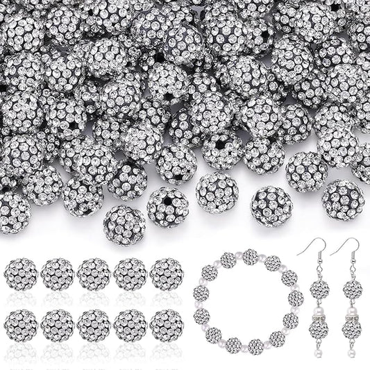 105pcs 10mm Rhinestone Beads for Jewelry Making, Black White Shiny Round Disco Ball Beads Bulk, Sparkle Crystal Clay Christmas for Bracelet Baseball Necklace Earring Crafting and DIY-BubblyBeeBaby