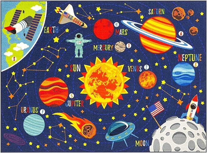 KC Cubs 5x7 Outer Space Solar System Toy Car Road Rug – Educational Play Mat Carpet for Kids, Toddlers, Nursery, Classroom, Playroom, Baby Daycare-BubblyBeeBaby