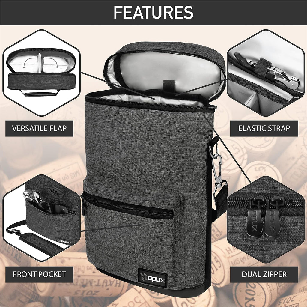 Opux 2 Bottle Wine Tote Carrier, Insulated Cooler Bag for Travel Picnic, Leakproof Padded Case, Wine Gifts for Women & Men, Charcoal Gray