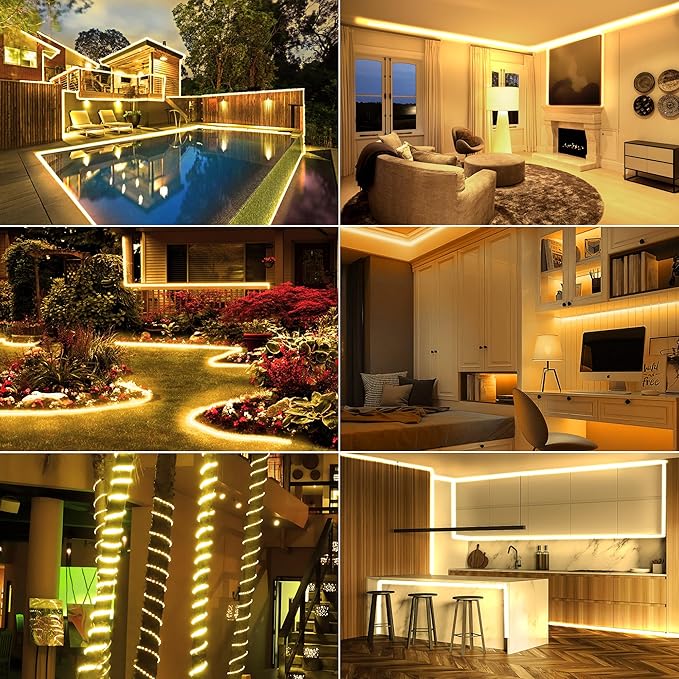 100ft 1200 LED Rope Lights Outdoor, Connectable Warm White Rope Lights Plug in, Outdoor String Lights Waterproof Decorative Lighting for Deck Patio Backyard Garden Pool Camping Room Indoor Décor-BubblyBeeBaby