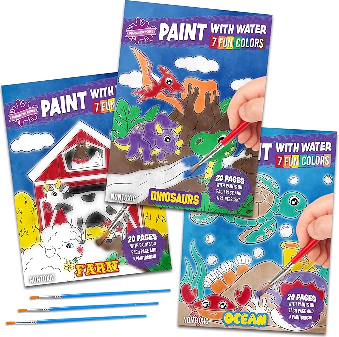 Imagination Works® Paint with Water Books for Kids, 3 Pack | Watercolor Coloring Book Set for Toddler Activities | Spillproof Kids Paint Palettes on Each Page | Travel Toys | Dinosaurs, Farm & Sea-BubblyBeeBaby