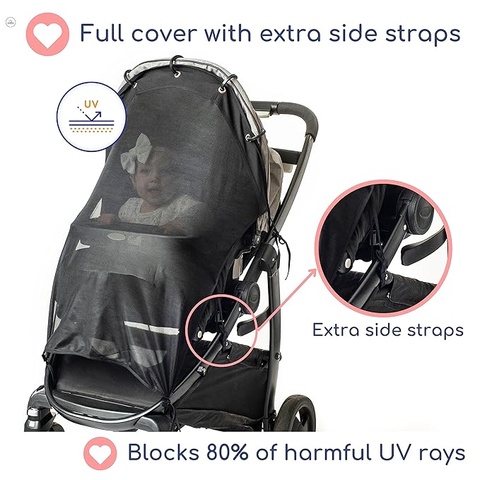 Stroller Sun Shade - Universal UV Protection Cover for Strollers Sunshade with See Through, Clip-On Sun Blocker, Sun Shield for Baby, Breathable Adjustable Fit, Full Coverage, XL Black-BubblyBeeBaby