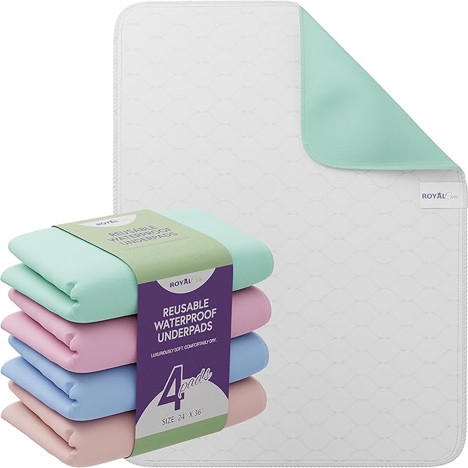 Incontinence Bed Pads - 4 Pack 24” x 36” Reusable Waterproof Mattress Protectors - Highly Absorbent, Machine Washable - for Children, Pets and Seniors - Assorted Colors - Royal Care-BubblyBeeBaby