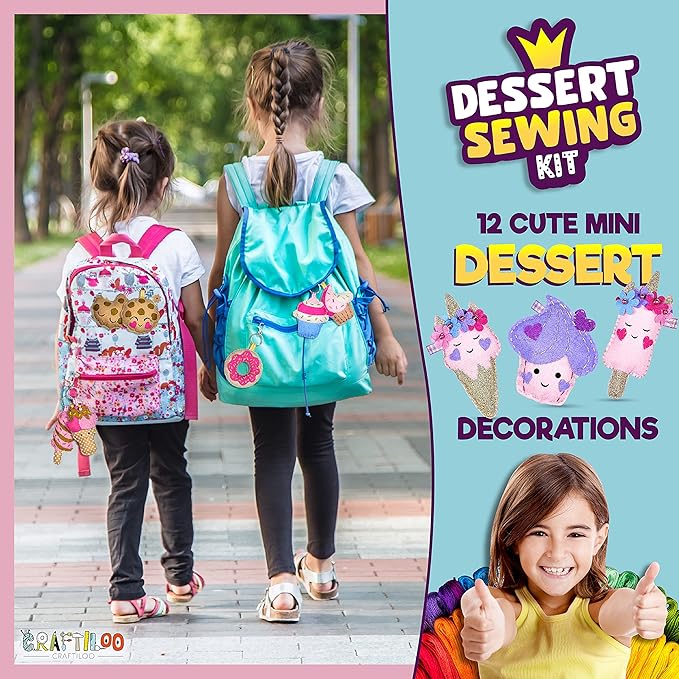 12 Pre-Cut Mini Treats Dessert Fun Kids Sewing Kit for Kids Ages 8-12 Children Beginners Sewing kit kid crafts Make Your Own Felt Pillow Plush Craft Kit Girls and Boys Art Craft Kits Learn to Sew Kit-BubblyBeeBaby