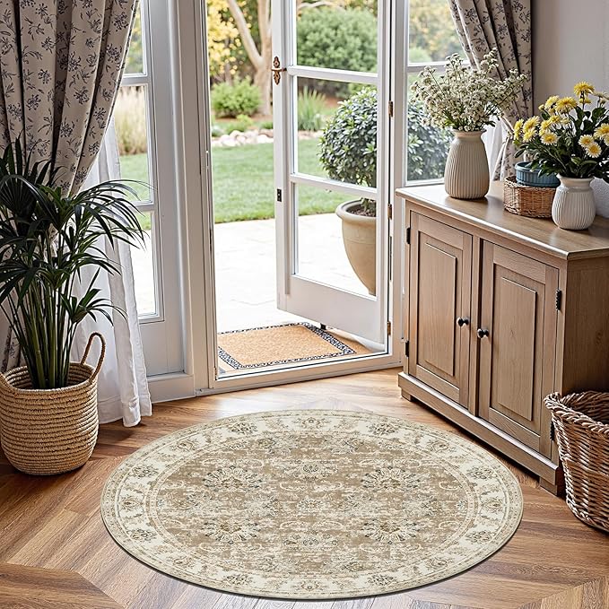 jinchan Round Rug 5ft Area Rug - Indoor Vintage Hallway Circle 5' Washable - Ultra-Thin Low Pile Soft Small Non Slip Distressed Floral Print for Living Room Dining Room Bedroom Entryway Taupe-BubblyBeeBaby