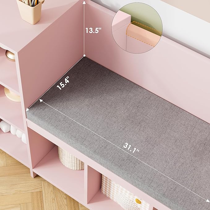 HOSTACK 67" Kids Reading Nook with Bench, Kids Bookshelf and Bookcase with Seat Cushion and 6 Storage Cubbies, Toy Storage Box on Wheels, Toy Chest for Playroom, Bedroom, School, Pink-BubblyBeeBaby