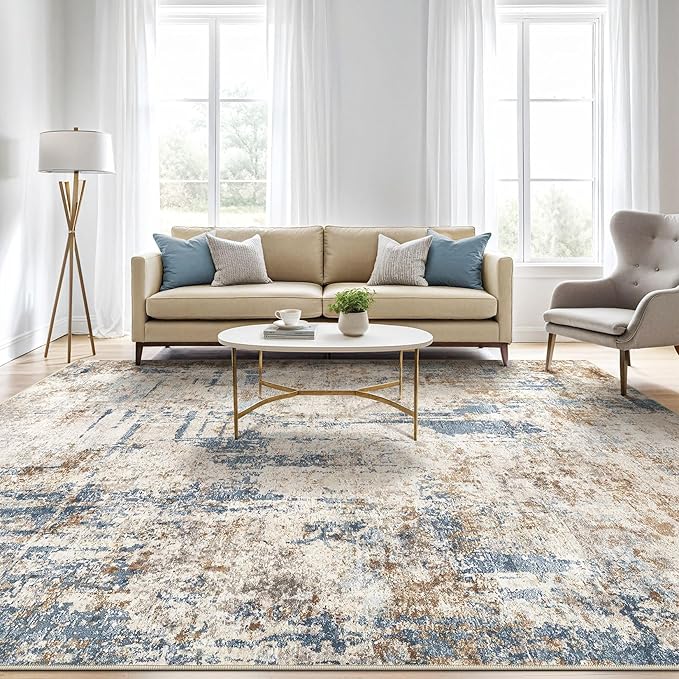 10x12 Area Rug Living Room: Washable Large Abstract Modern Soft Rugs Stain Resistant Indoor Floor Non Slip Accent Carpet for Bedroom Nursery Playroom Office Dining Room Dorm Home House- Tan Blue-BubblyBeeBaby